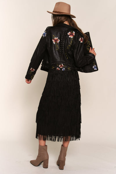 Floral Embroidered Faux Leather Jacket - Black Floral
