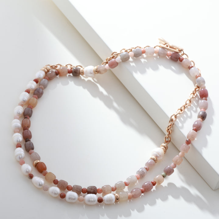 Studio Necklace Matt Gold Orange Stones &amp; Pearls 100cm