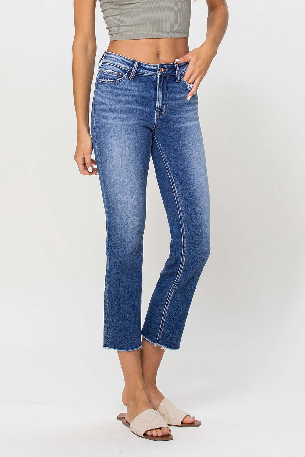 Mid Rise Crop Straight Jeans - Medium Wash