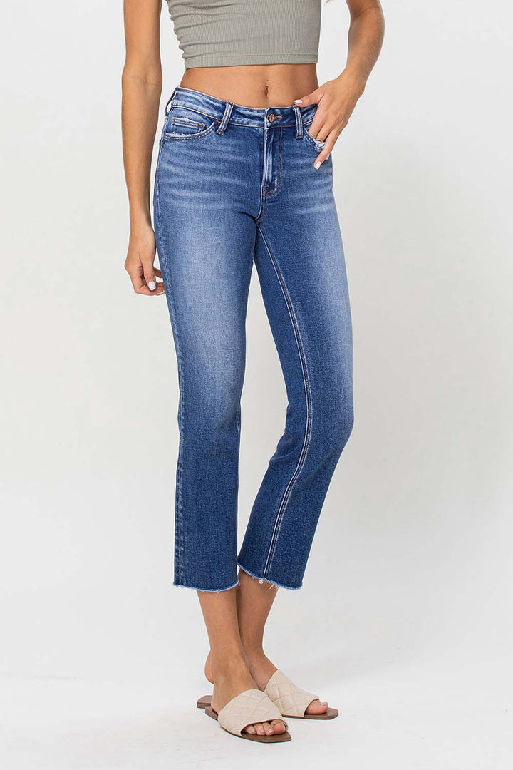 Mid Rise Crop Straight Jeans - Medium Wash