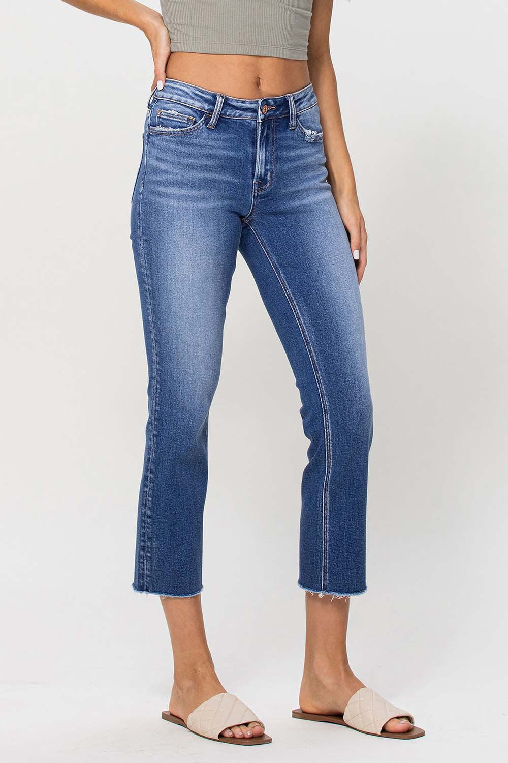 Mid Rise Crop Straight Jeans - Medium Wash