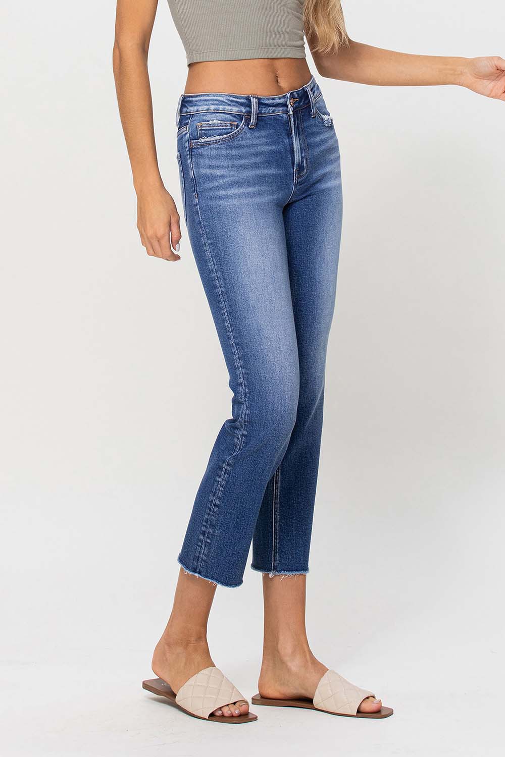 Mid Rise Crop Straight Jeans - Medium Wash