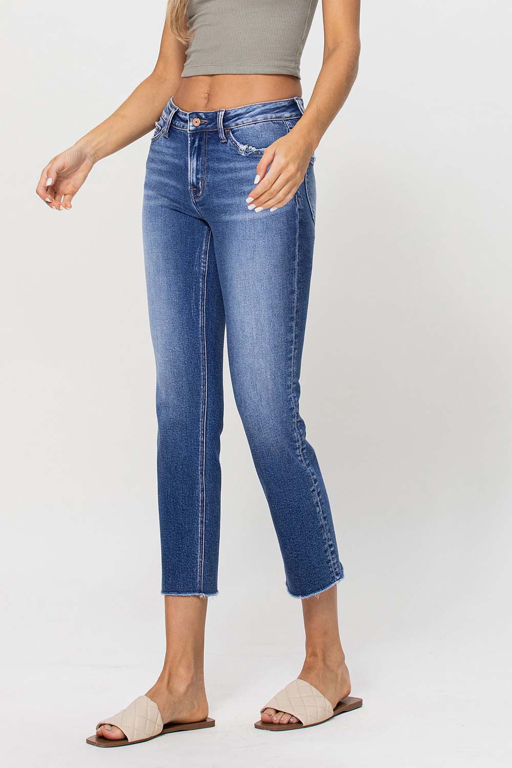 Mid Rise Crop Straight Jeans - Medium Wash