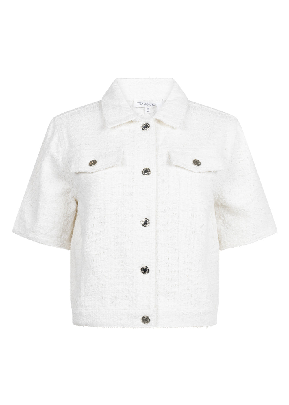 White denim jacket with button details on a white background