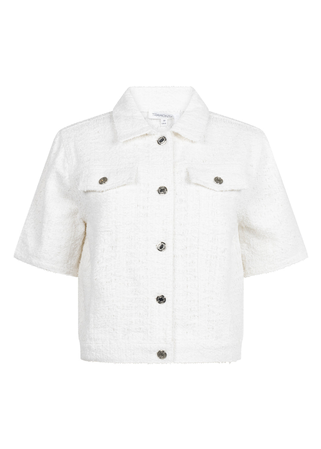 White denim jacket with button details on a white background
