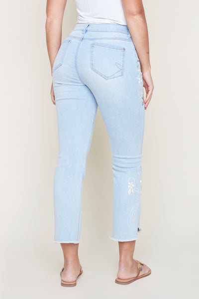Cropped Flare Embroidered Jeans - Bleached Wash