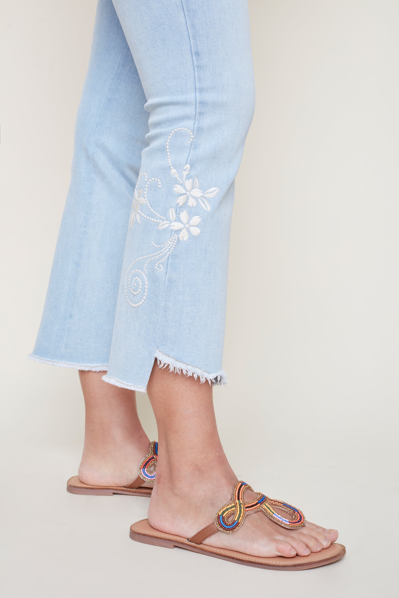 Cropped Flare Embroidered Jeans - Bleached Wash