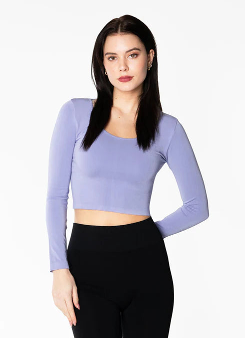Bamboo Long Sleeve Crop Scoop Neck Top - Black O/S