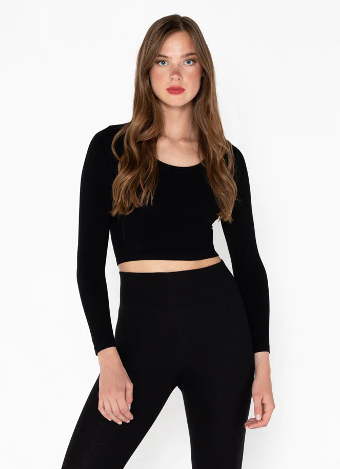 Bamboo Long Sleeve Crop Scoop Neck Top - Black O/S