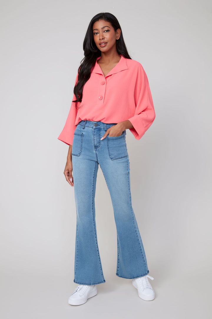 Women wearing Patch Pocket Flare Jeans 