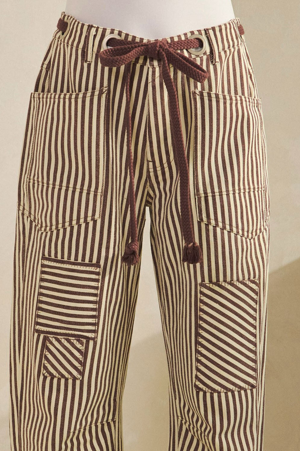 Washed Vintage Stripe Rope String Pants - Mocha Mousse