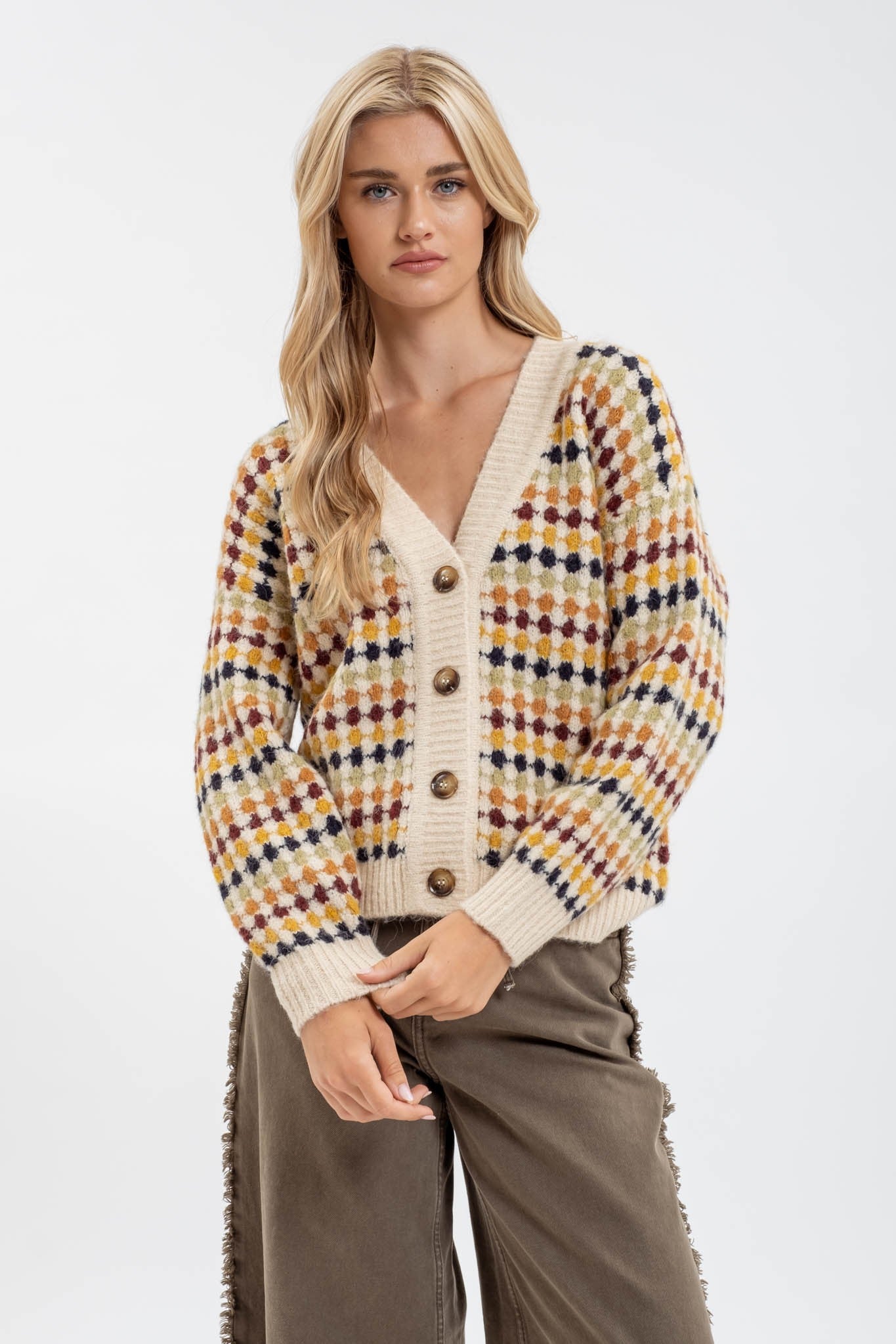 Multi Color Boyfriend Knit Cardigan - Cream Multi