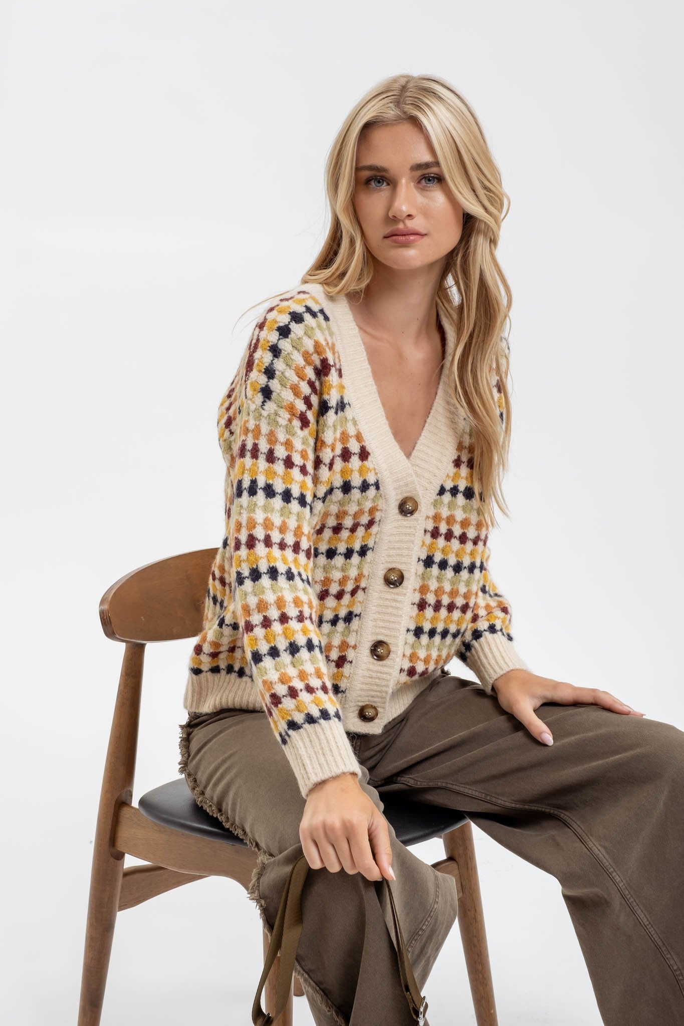 Multi Color Boyfriend Knit Cardigan - Cream Multi