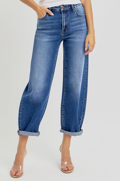 High Rise Crop Mild Barrel Jeans - Dark Wash