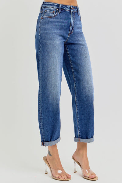 High Rise Crop Mild Barrel Jeans - Dark Wash