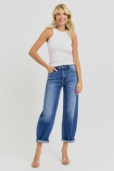 High Rise Crop Mild Barrel Jeans - Dark Wash