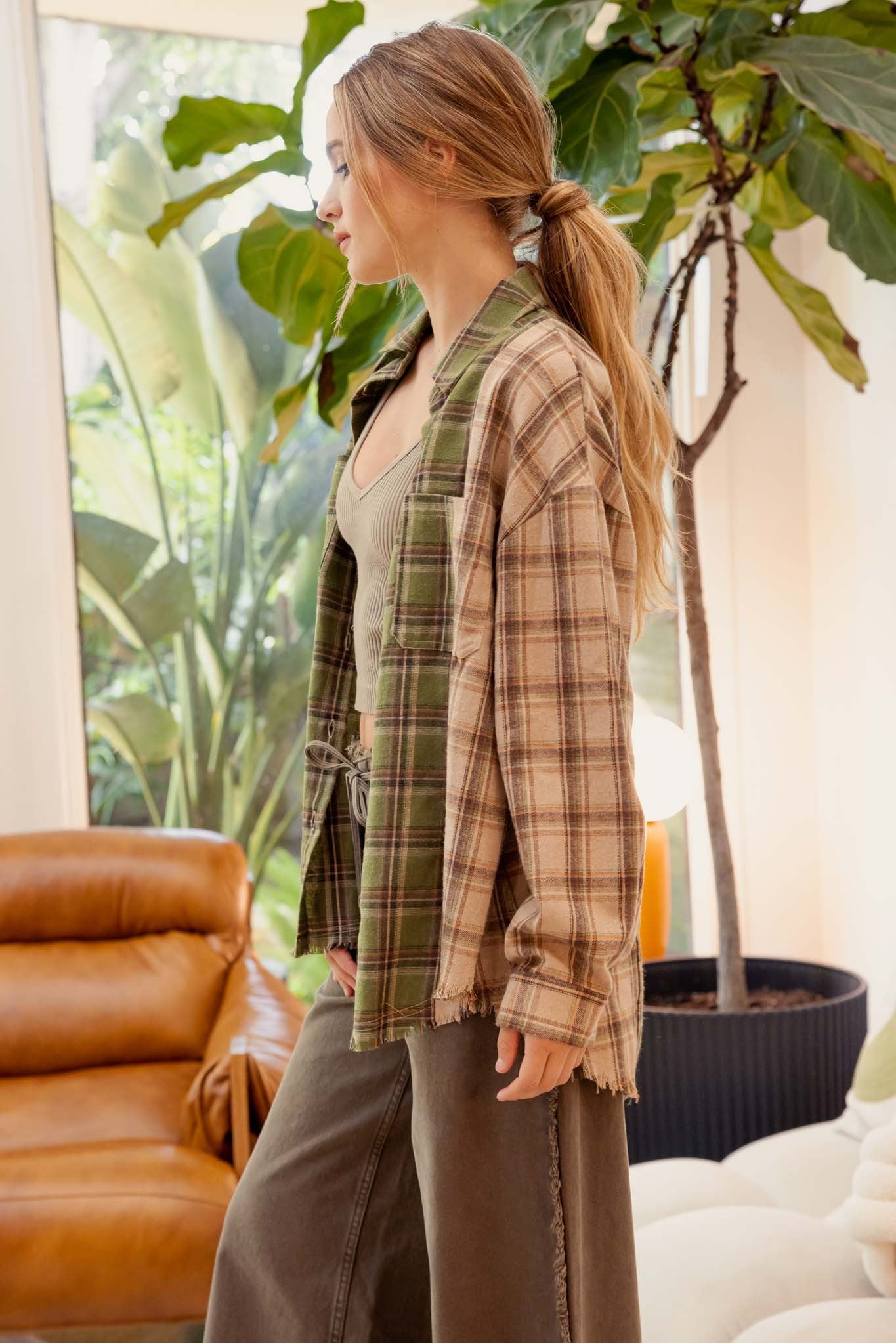 Colorblock Plaid Collared Button Down Shirt - Light Brown Multi