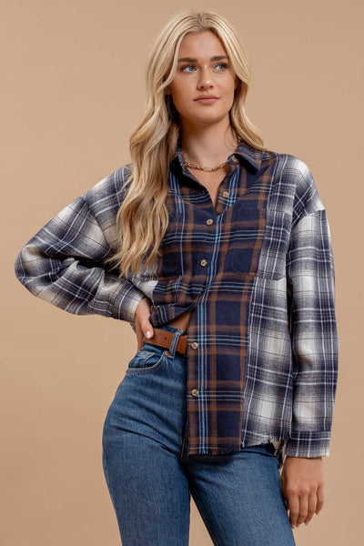 Plaid Patchwork Button Up Flannel Shirt - Navy Multi