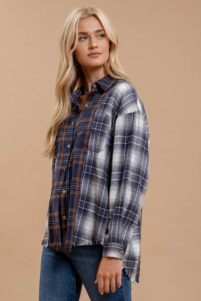 Plaid Patchwork Button Up Flannel Shirt - Navy Multi