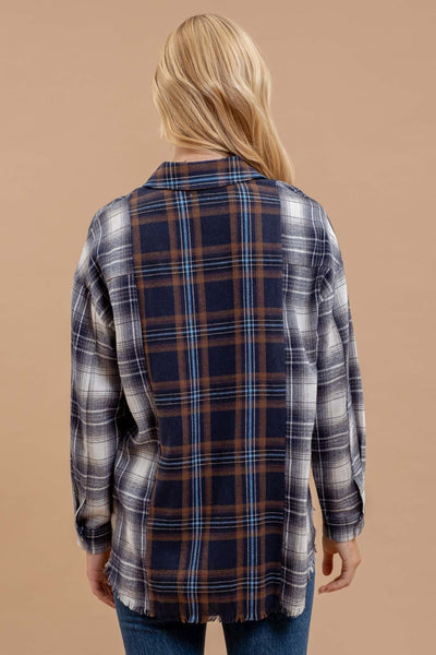 Plaid Patchwork Button Up Flannel Shirt - Navy Multi