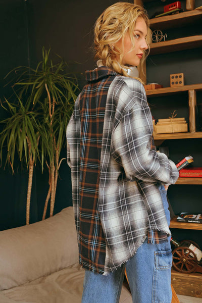 Plaid Patchwork Button Up Flannel Shirt - Navy Multi