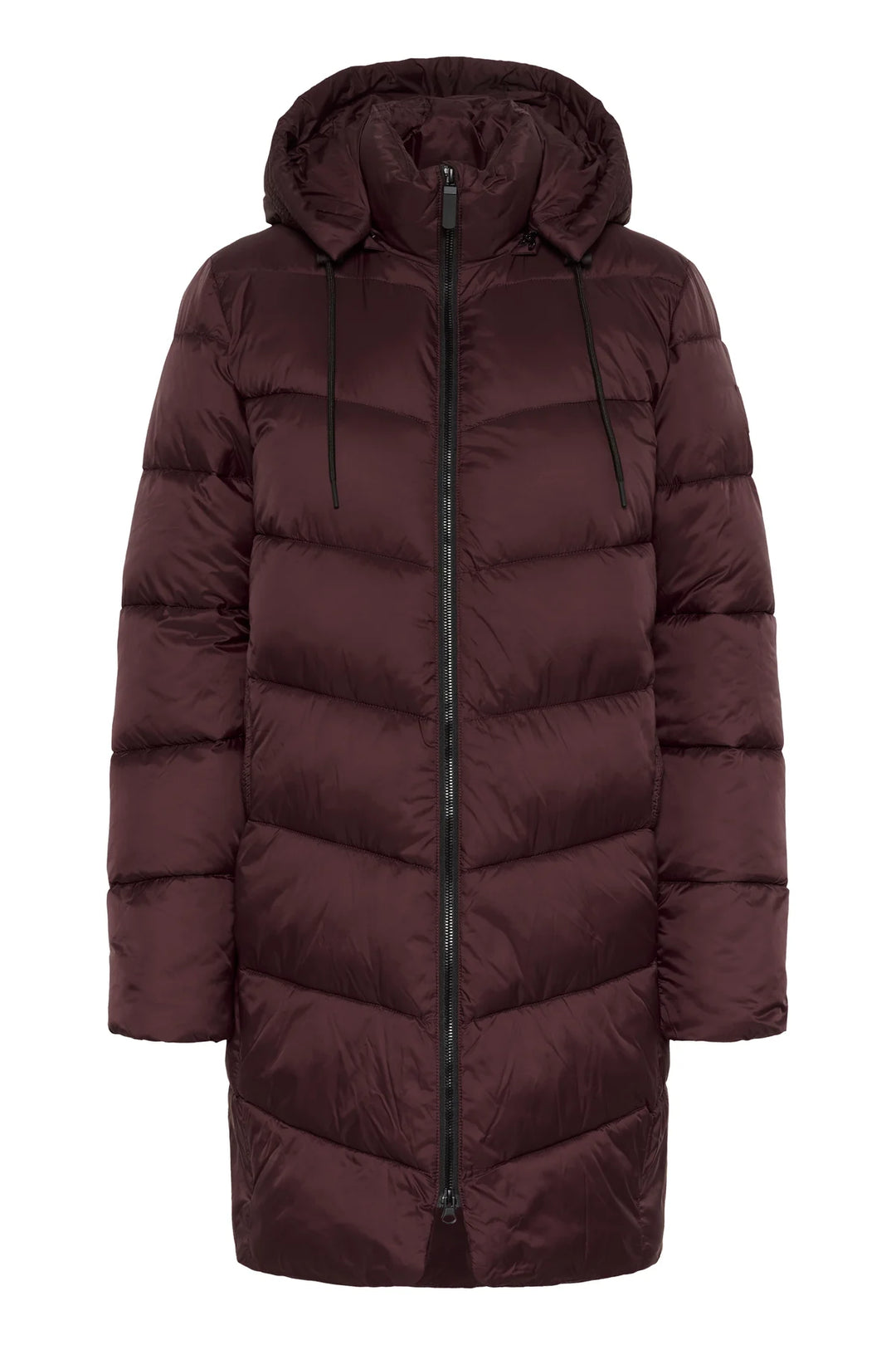 Maroon puffer coat with a hood on a white background