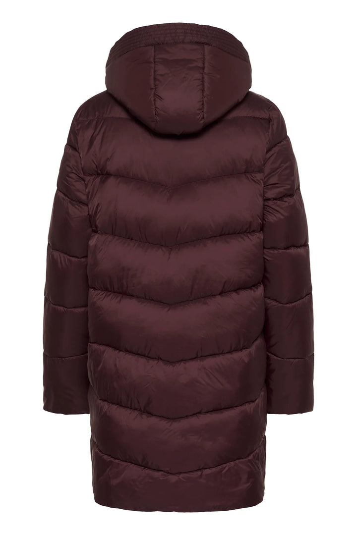 Maroon puffer coat with a hood on a white background