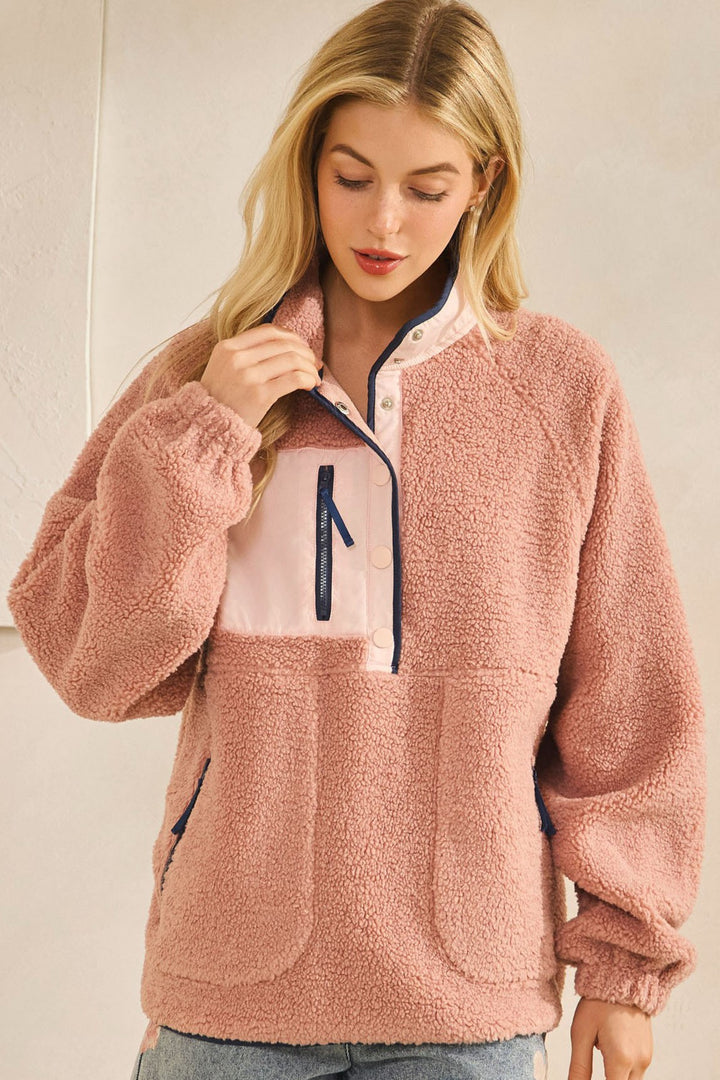 Fleece Daily Colorblock Button Pullover - Mauve Swoon Pink