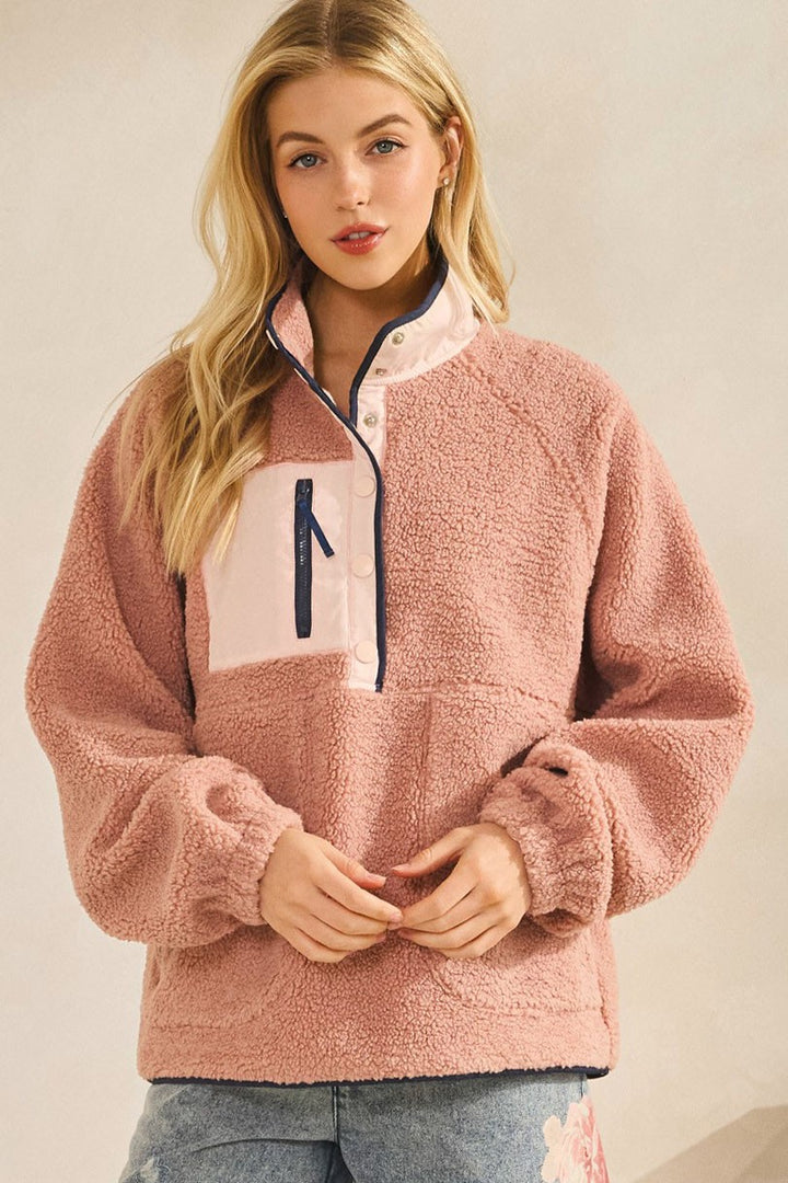 Fleece Daily Colorblock Button Pullover - Mauve Swoon Pink