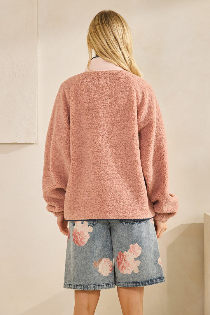 Fleece Daily Colorblock Button Pullover - Mauve Swoon Pink