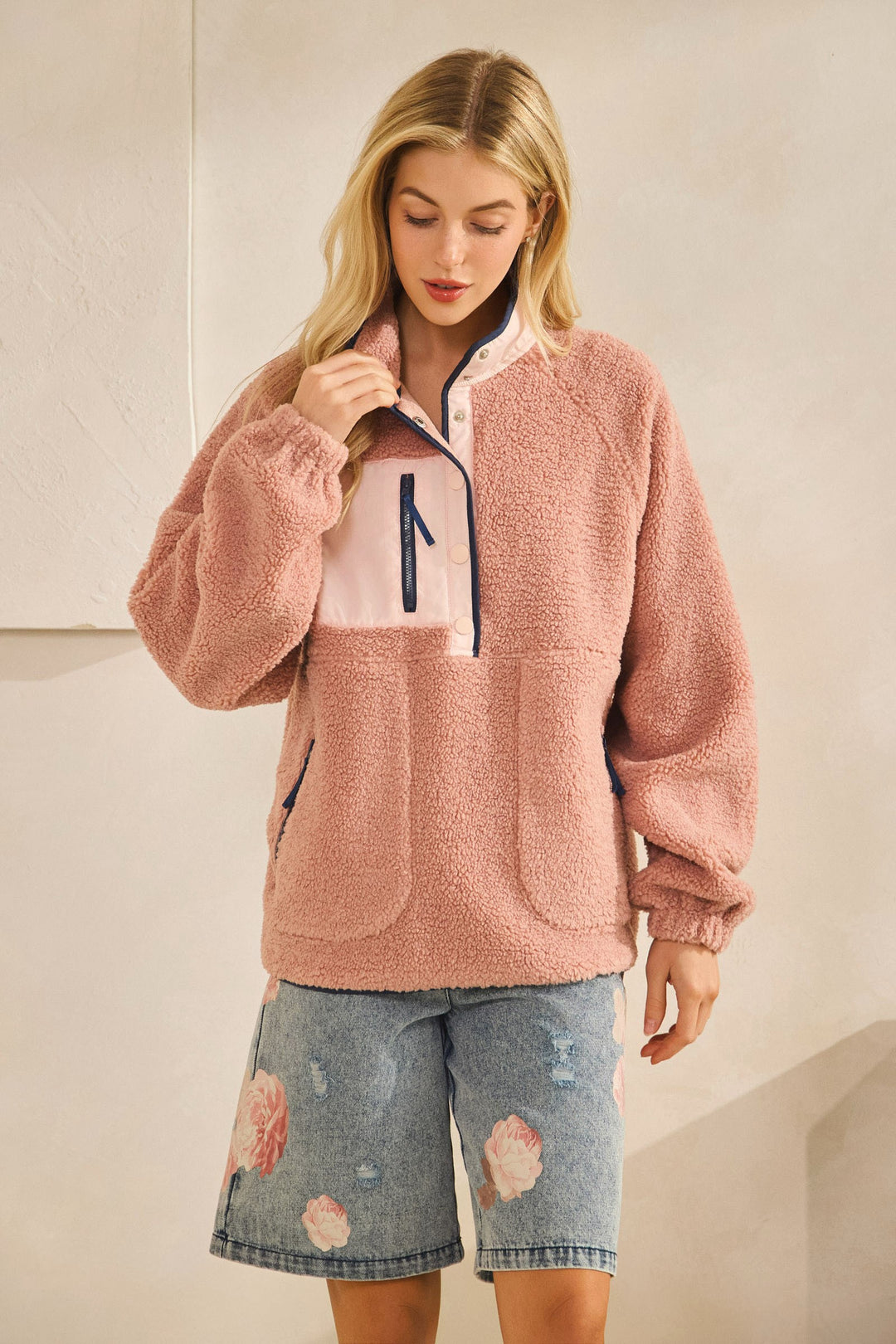 Fleece Daily Colorblock Button Pullover - Mauve Swoon Pink