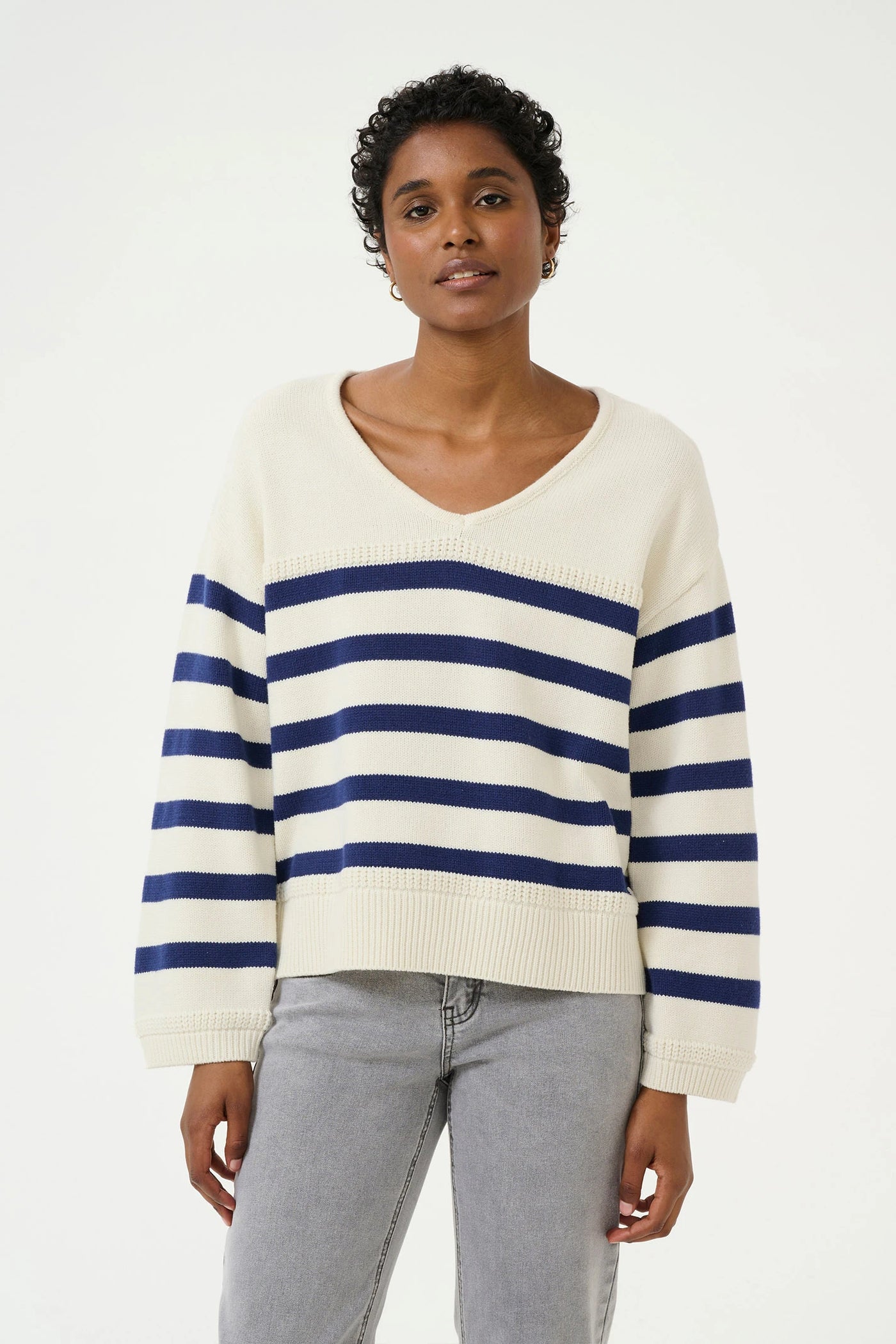 Michelle Knit Polo Pullover - Eggnog Ocean Cavern Stripe