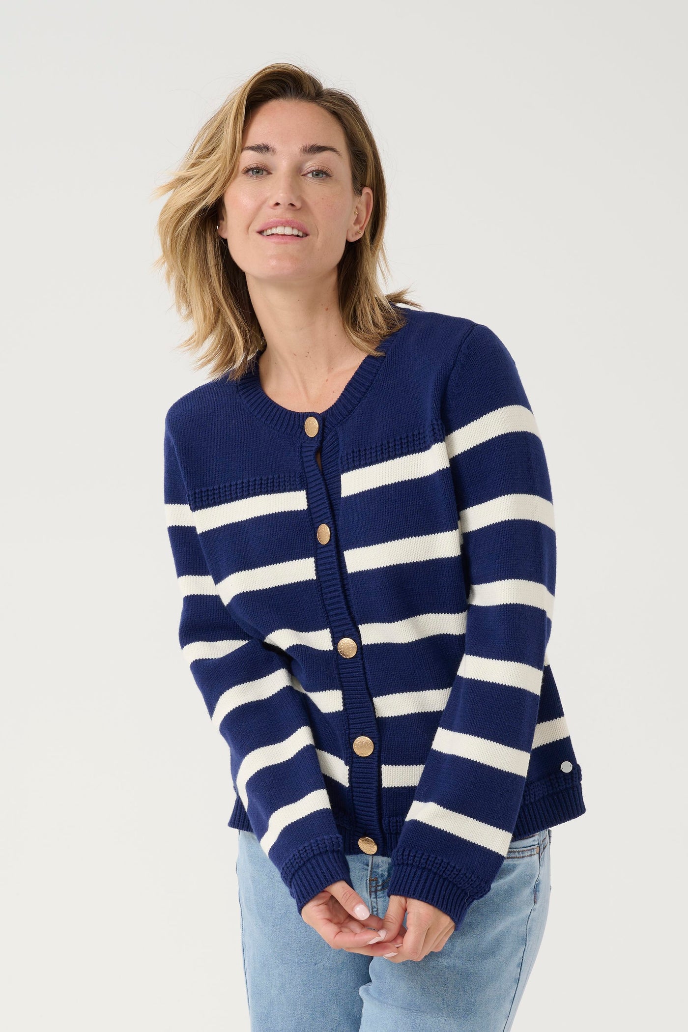 Michelle Knit Cardigan - Ocean Cavern Eggnog Stripe