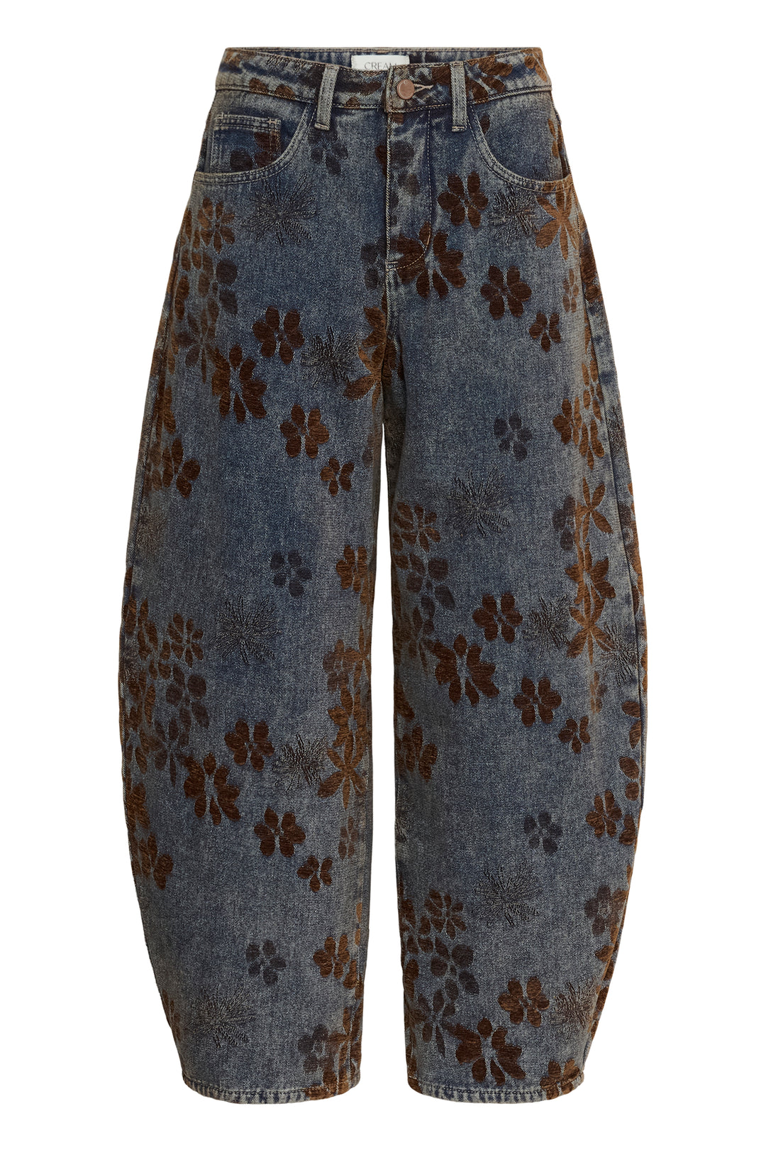 Wide-leg cropped jeans in a washed blue denim-like fabric with an allover dark brown floral pattern, shown against a plain white background.