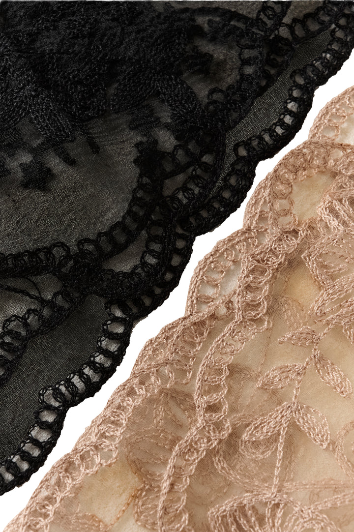 Close-up of black lace trim and beige lace fabric on a white background