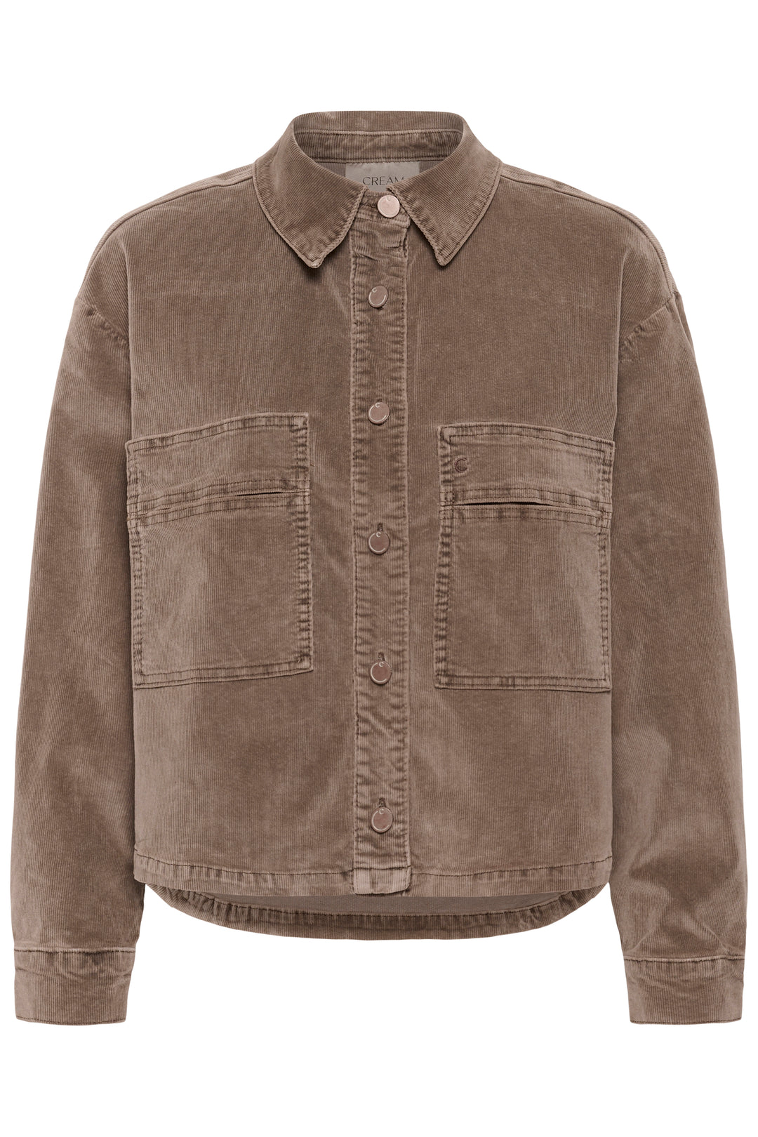A cropped button-up shirt jacket in brown corduroy fabric, featuring a pointed collar, button front, and two large chest flap pockets, shown against a plain white background.