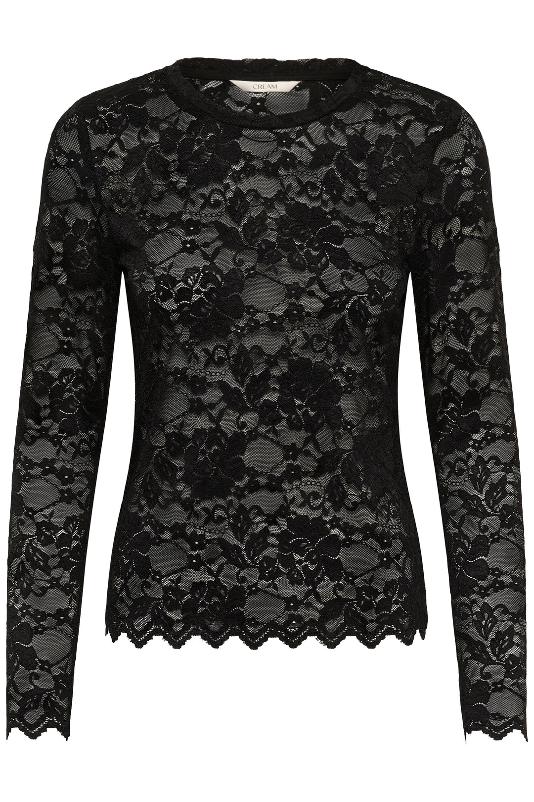 Black lace long-sleeve top on a white background