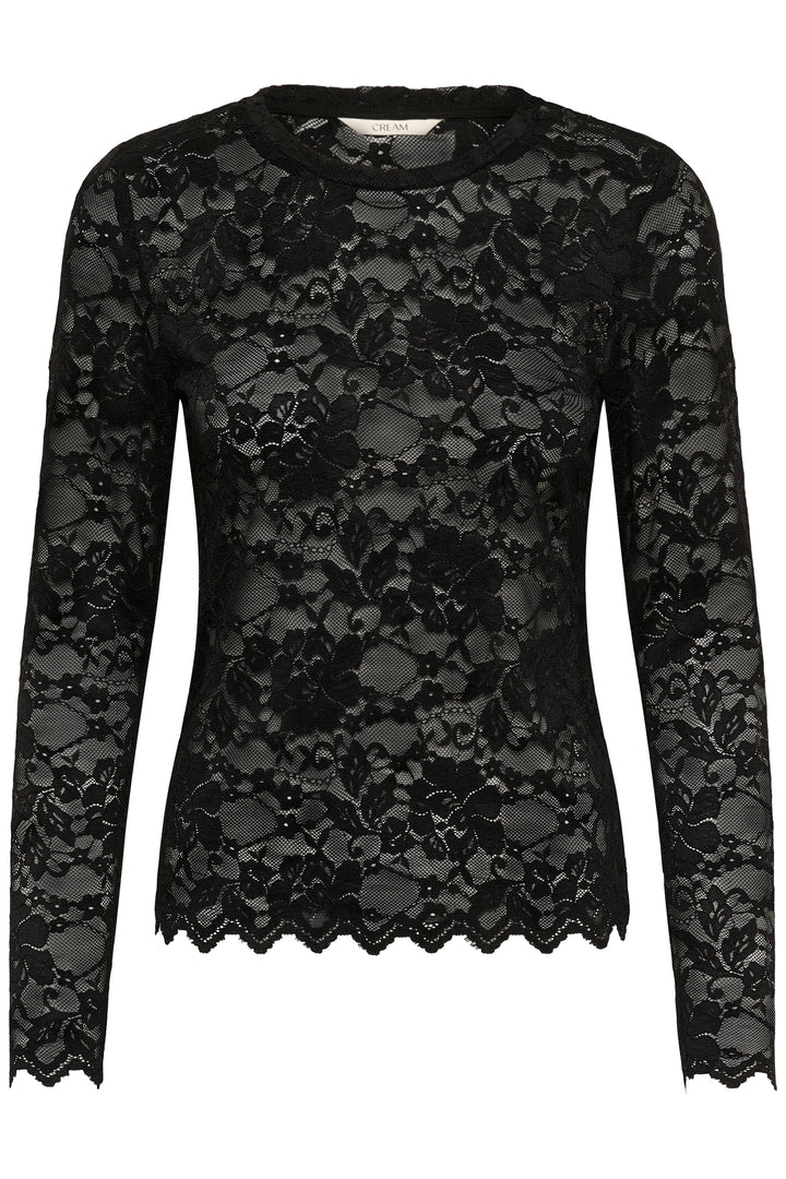 Black lace long-sleeve top on a white background