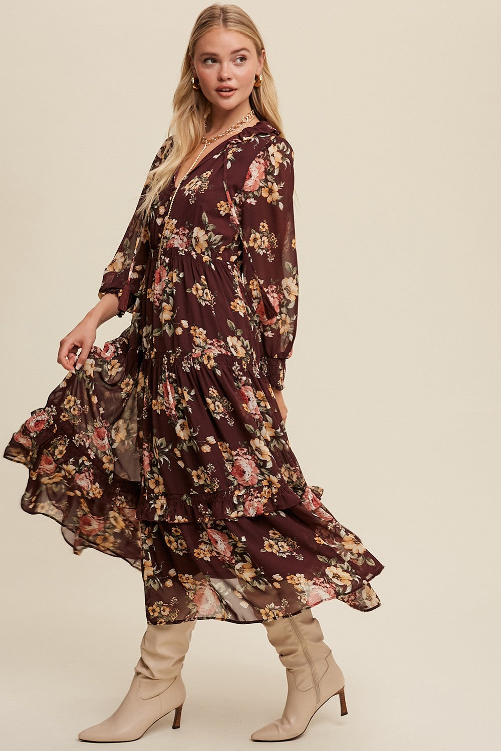 Tie Front Floral Print Tiered Maxi Dress - Wine