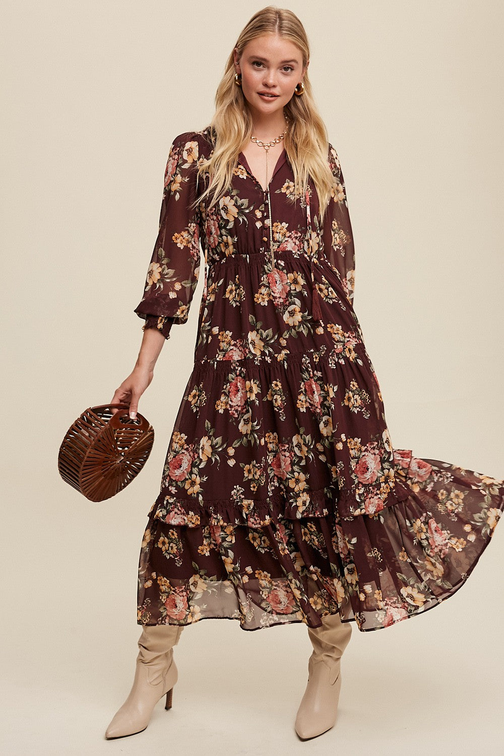 Tie Front Floral Print Tiered Maxi Dress - Wine