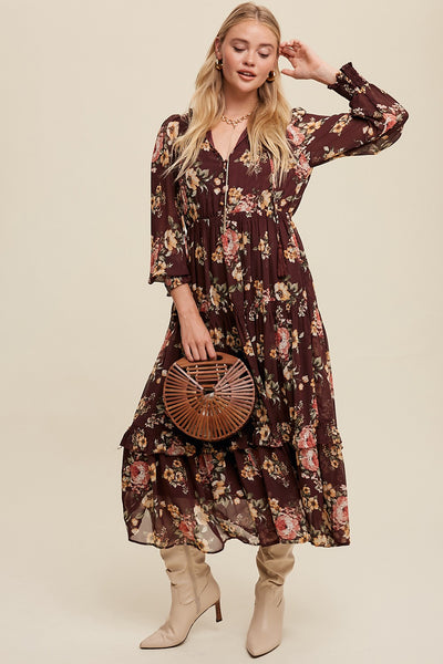 Tie Front Floral Print Tiered Maxi Dress - Wine