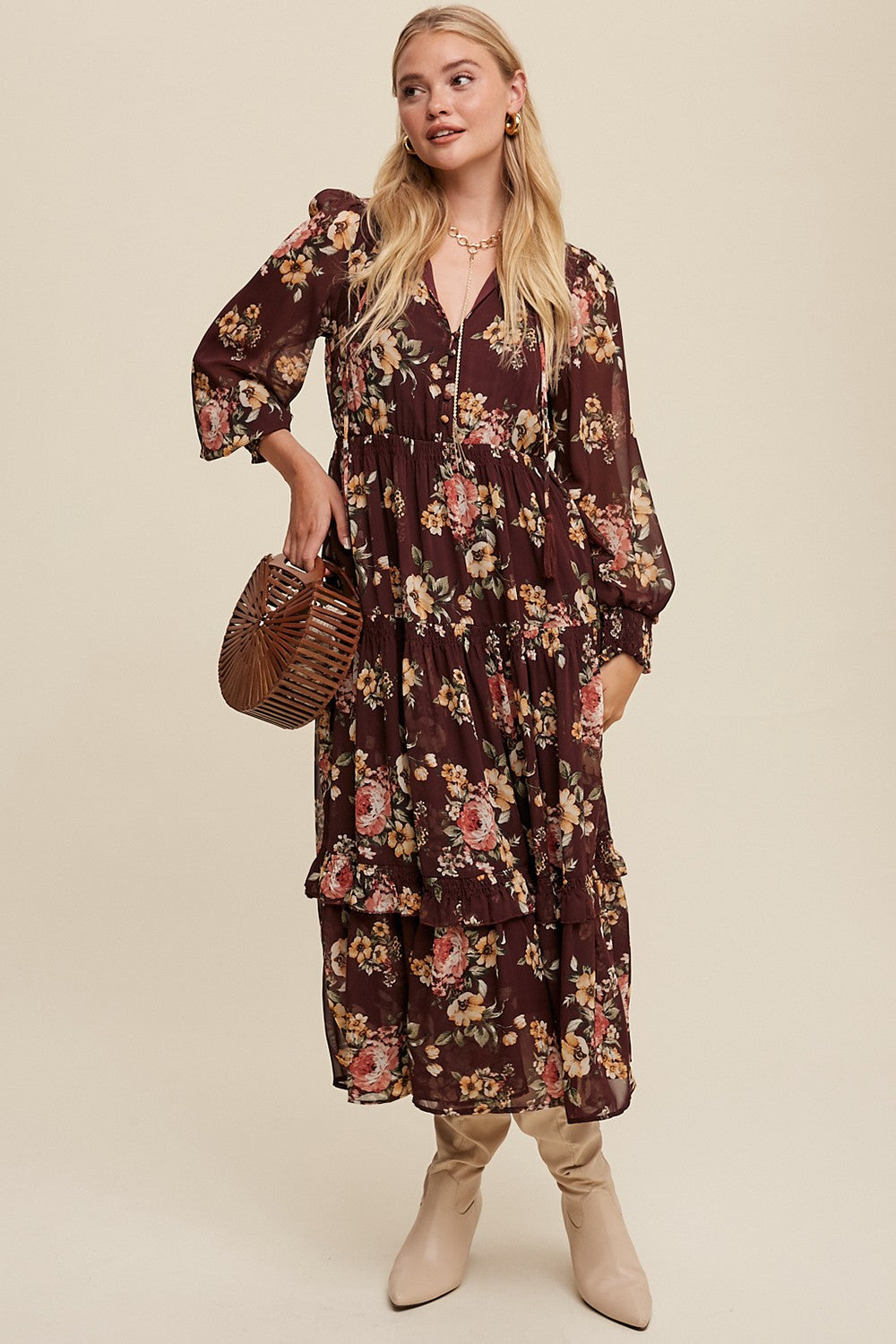 Tie Front Floral Print Tiered Maxi Dress - Wine