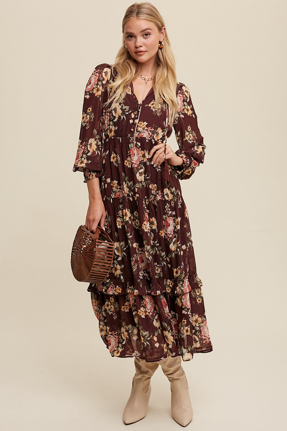 Tie Front Floral Print Tiered Maxi Dress - Wine