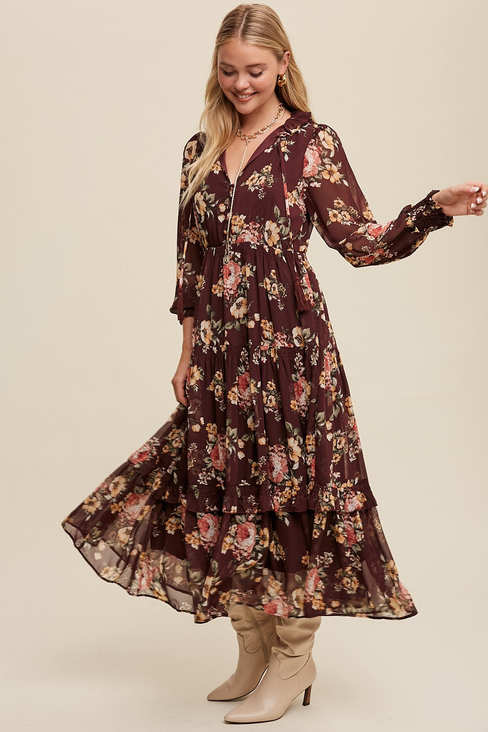 Tie Front Floral Print Tiered Maxi Dress - Wine