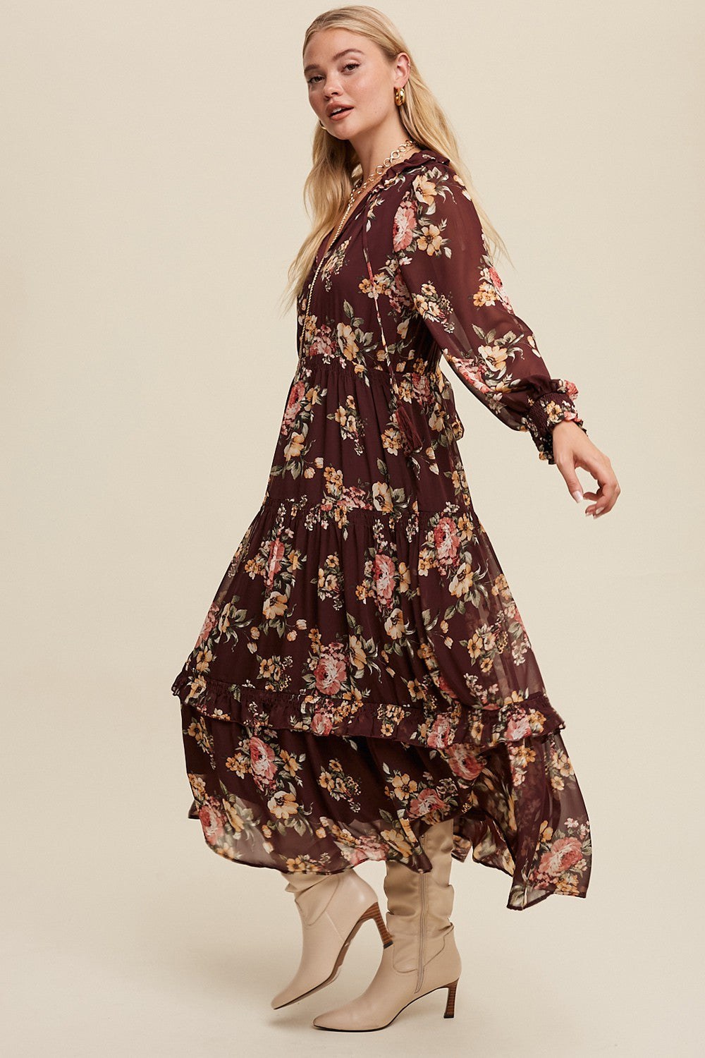 Tie Front Floral Print Tiered Maxi Dress - Wine