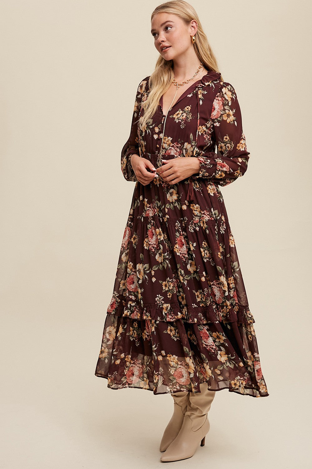 Tie Front Floral Print Tiered Maxi Dress - Wine