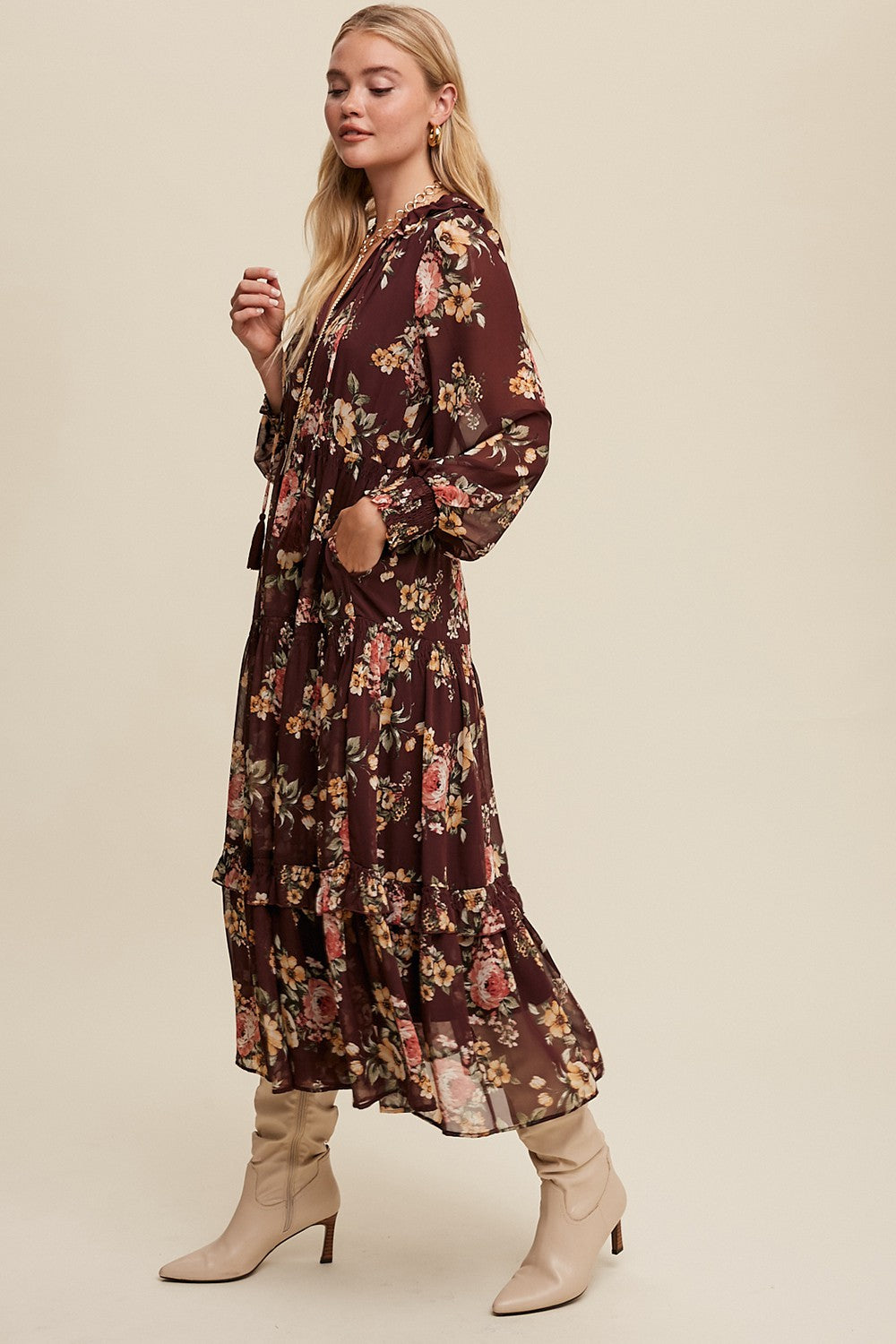 Tie Front Floral Print Tiered Maxi Dress - Wine