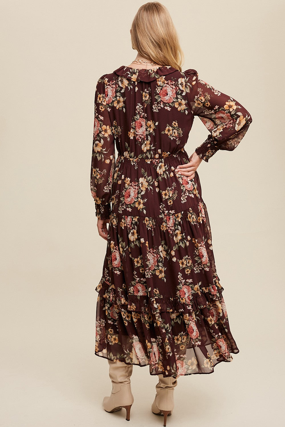 Tie Front Floral Print Tiered Maxi Dress - Wine