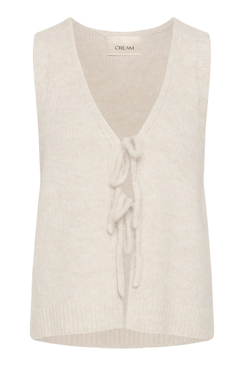Beige sleeveless knitted top with a tie detail on a white background