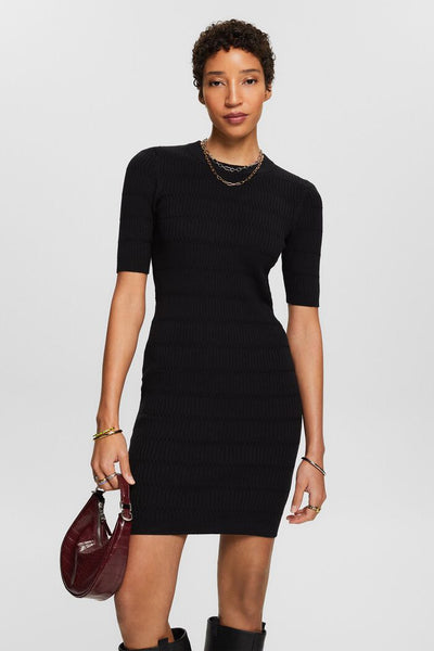 Short Sleeve Structured Knit Mini Dress - Black